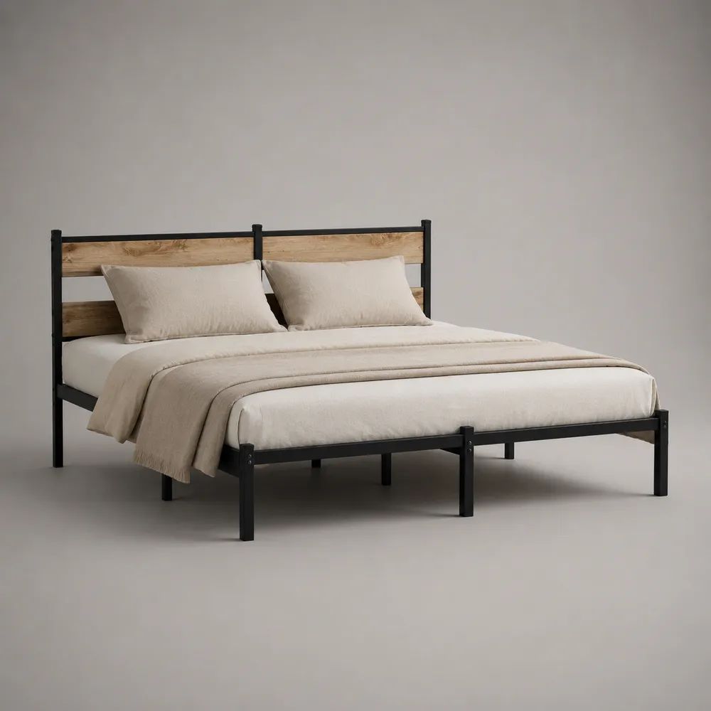Cadre de lit double 160 × 200 cm en acier thermolaqué et pin massif, noir et bois naturel