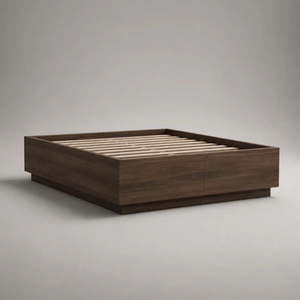 Lit plateforme en bois brun noyer avec sommier à lattes et 2 tiroirs, couchage 160 x 200 cm, dimensions 206 x 166 x 42 cm