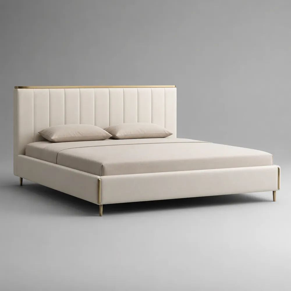 Lit double rembourré en polyester beige clair, couchage 160 x 200 cm, tête de lit à panneaux verticaux et pieds en acier doré, 218 x 178 x 120 cm