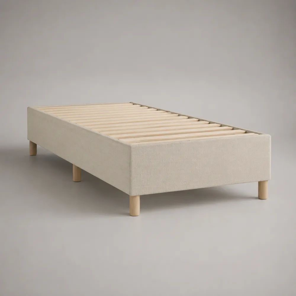 Cadre de lit simple rembourré en tissu beige clair 90 × 190 cm avec sommier à lattes et pieds en bois
