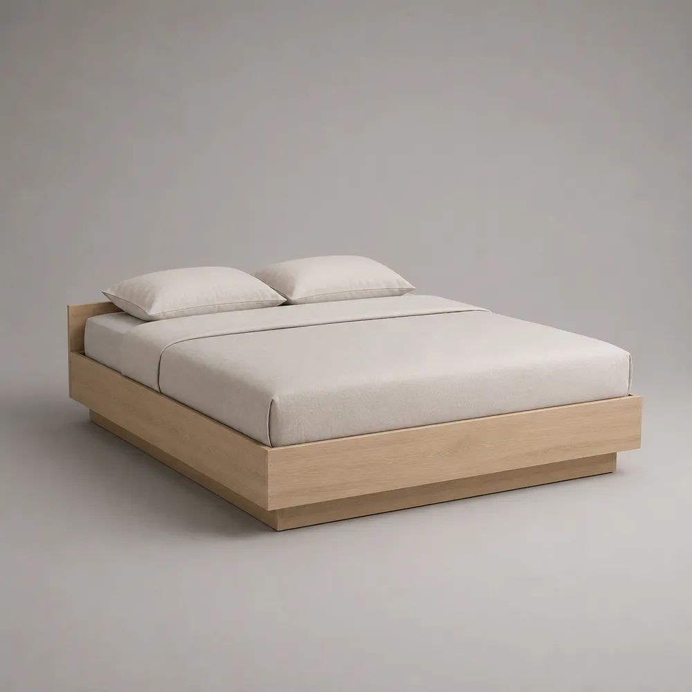 Lit double plateforme rectangulaire en bois avec placage chêne clair, couchage 160 x 200 cm, dimensions 168 x 208 x 70 cm