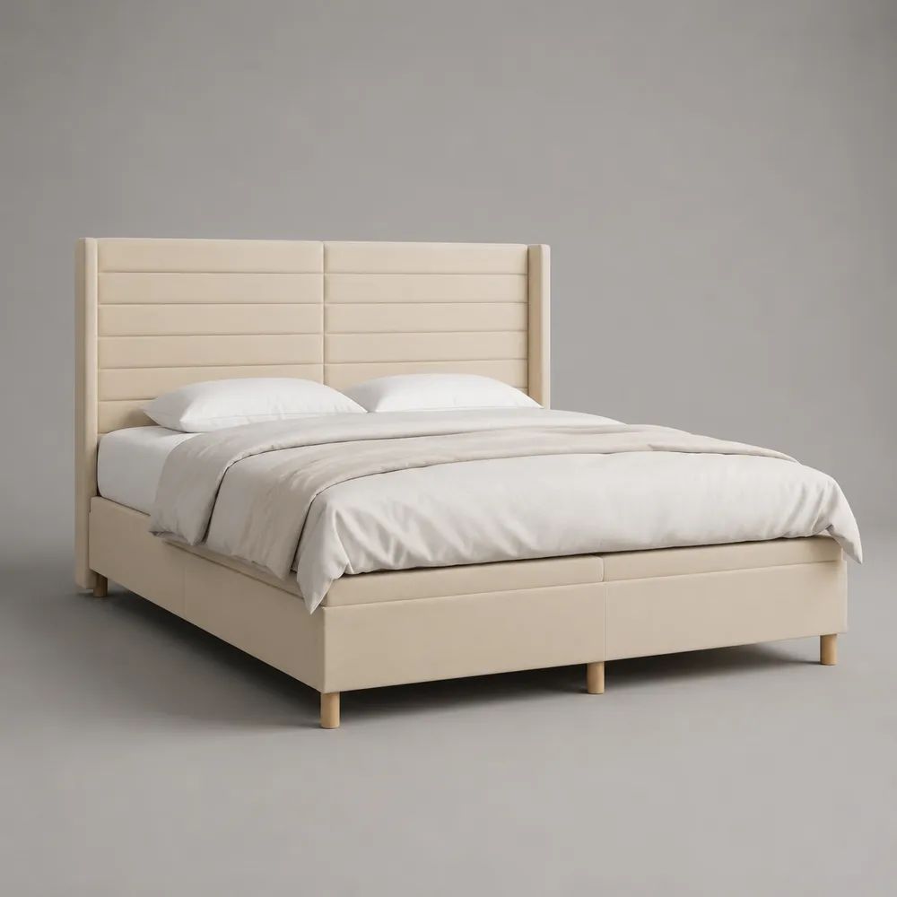 Lit double rembourré beige 160 × 200 cm avec tête de lit haute et sommier à lattes