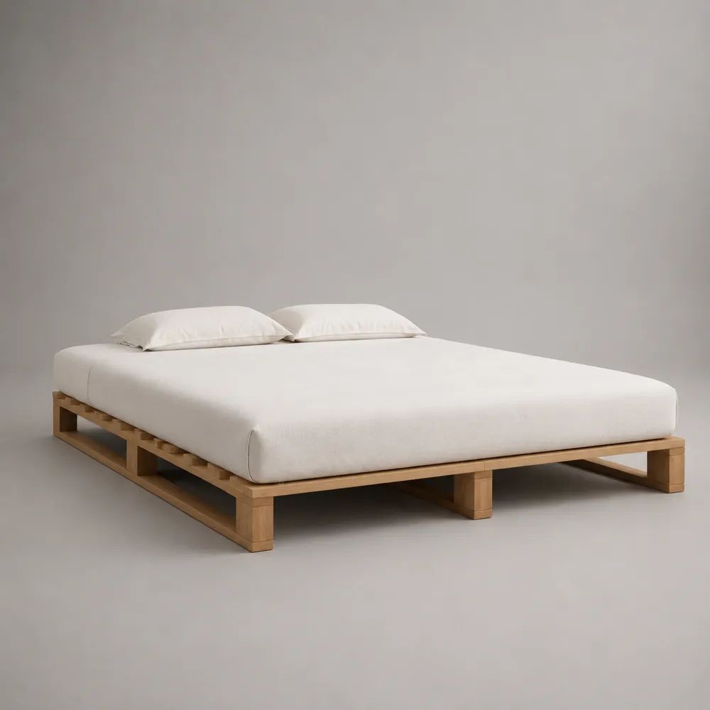 Cadre de lit double plateforme en pin massif naturel avec sommier à lattes, couchage 160 × 200 cm