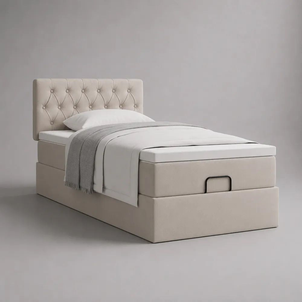 Lit coffre 1 place rembourré en polyester beige avec tête de lit capitonnée, couchage 90 x 190 cm, dimensions 202 x 102 x 110 cm
