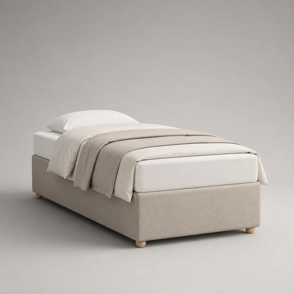 Ensemble lit simple 90 × 190 cm avec matelas et sommier tapissier en tissu beige et blanc, sans tête de lit