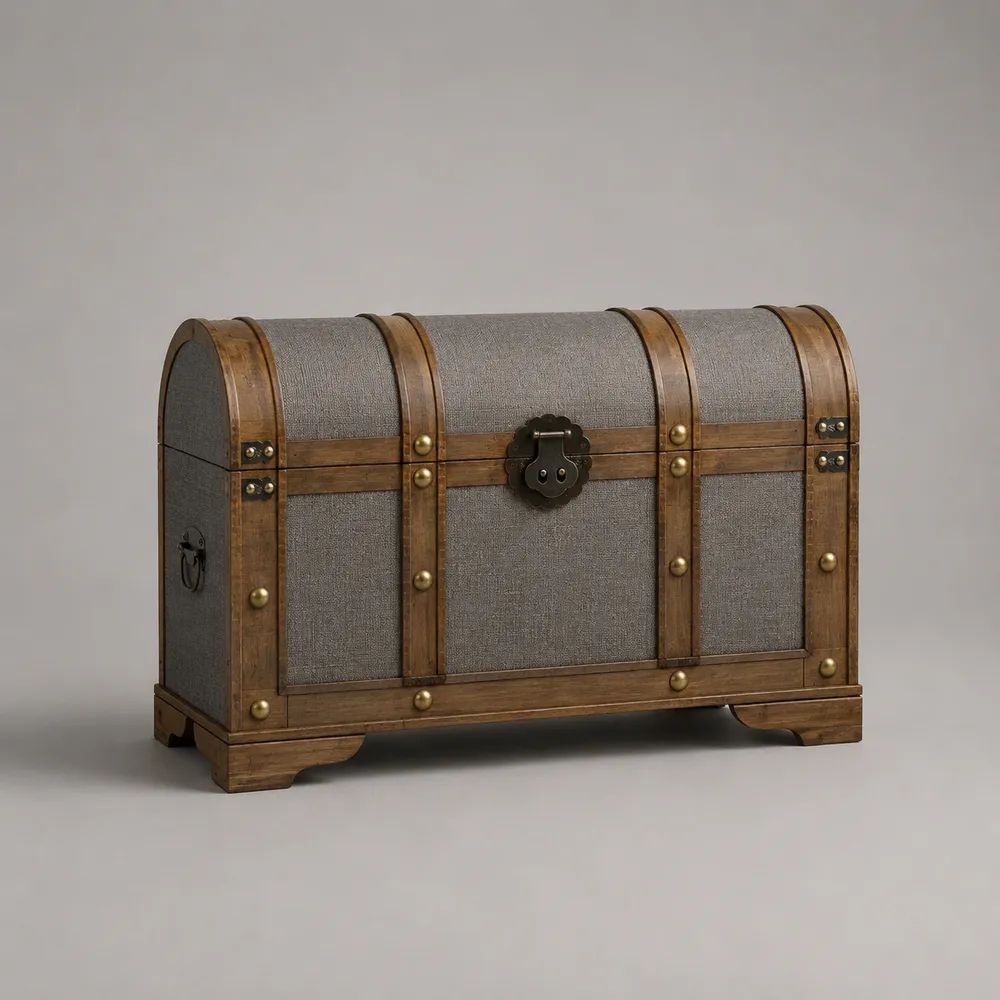 Coffre de rangement intérieur à couvercle bombé en bois massif et tissu gris et brun, 80 × 40 × 60 cm