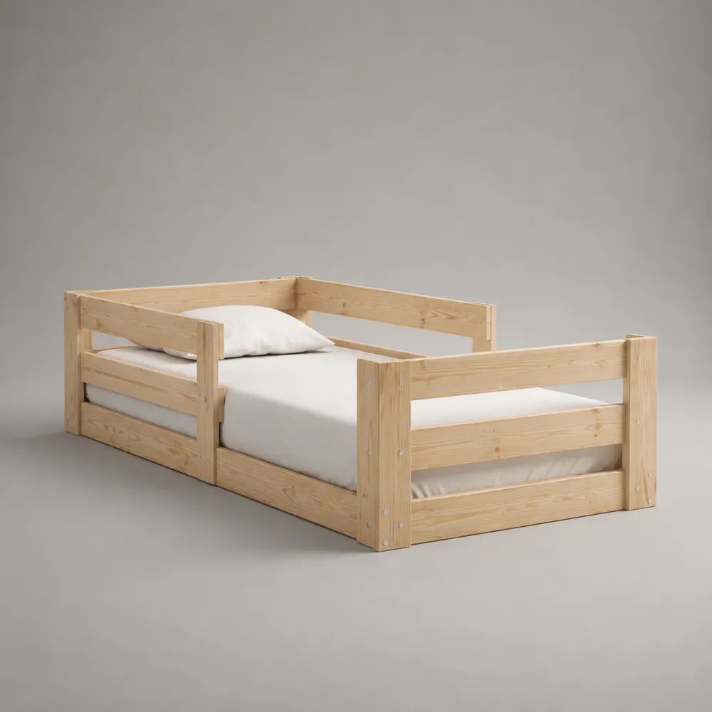 Lit enfant en bois naturel 90 × 190 cm avec sommier à lattes et barrières, dimensions 198 × 98 × 65 cm