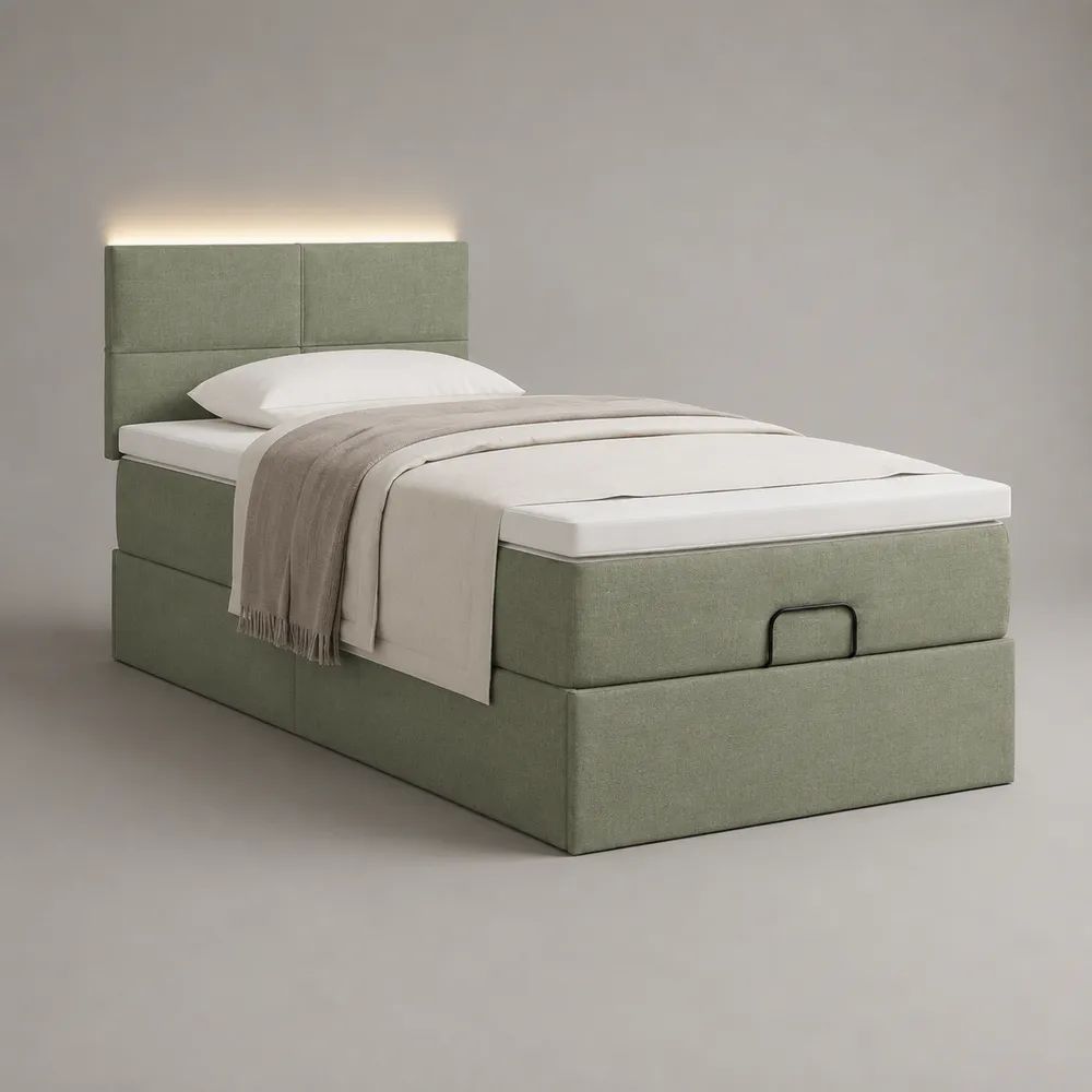 Lit coffre 1 place 90 x 190 cm en polyester vert sauge avec tête de lit rembourrée et éclairage LED