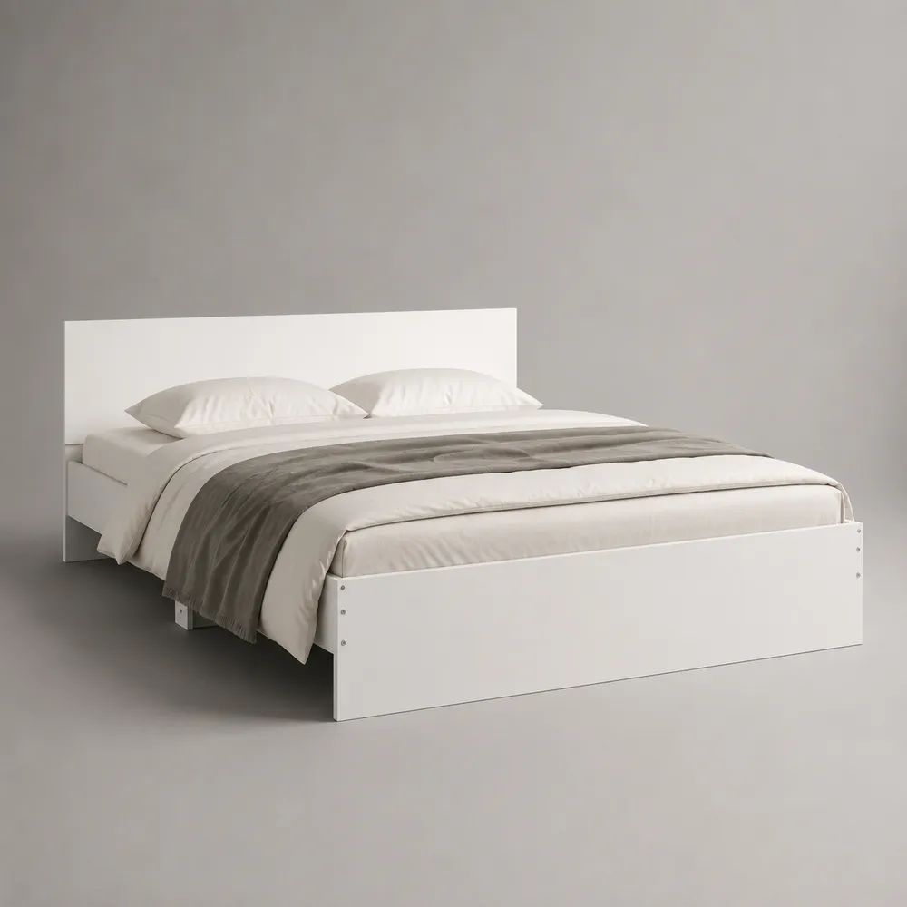 Lit double blanc en panneaux de particules mélaminés avec sommier à lattes, couchage 140 × 190 cm, dimensions 145 × 195 × 80 cm