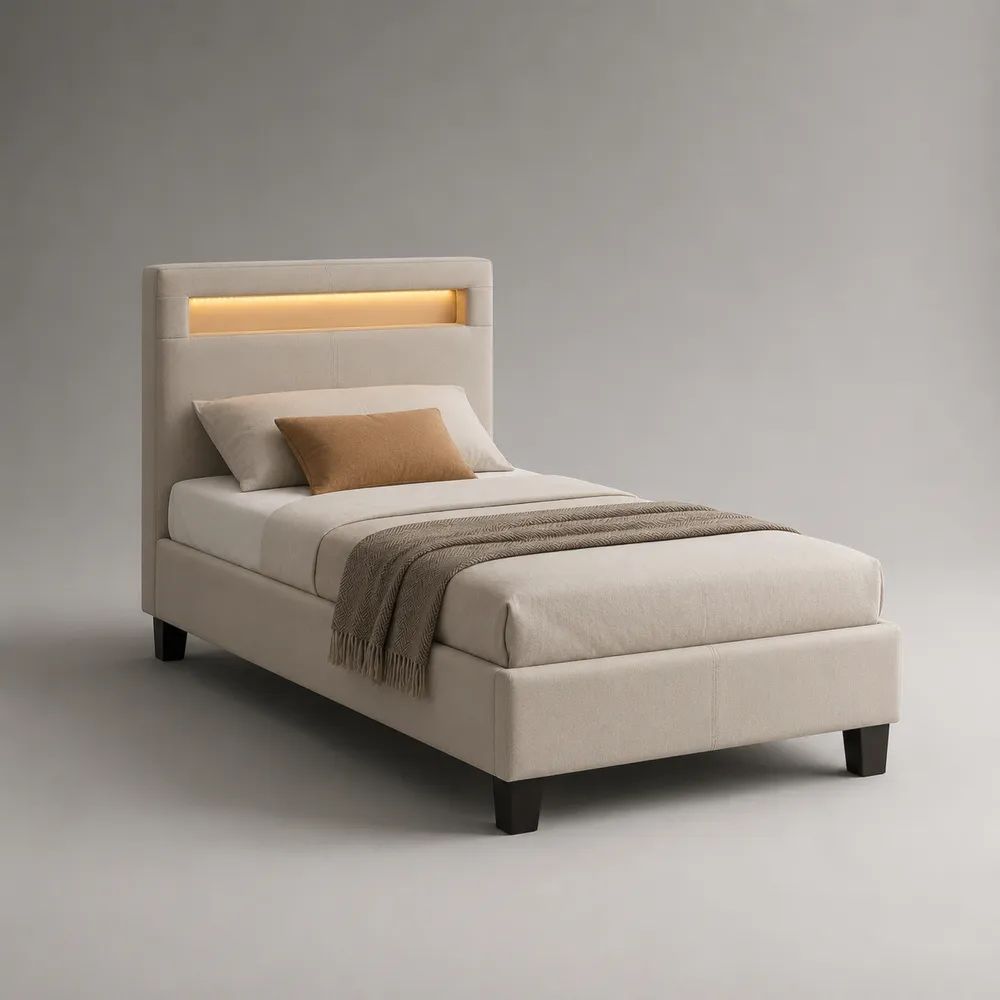 Cadre de lit simple rembourré beige avec tête de lit LED, structure en bois et tissu, 103 × 205 × 120 cm, couchage 90 × 190 cm