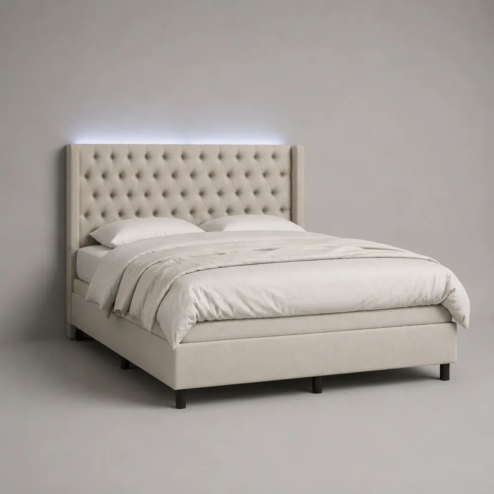 Lit double rembourré 160 x 200 cm en polyester beige avec tête de lit capitonnée et éclairage à DEL