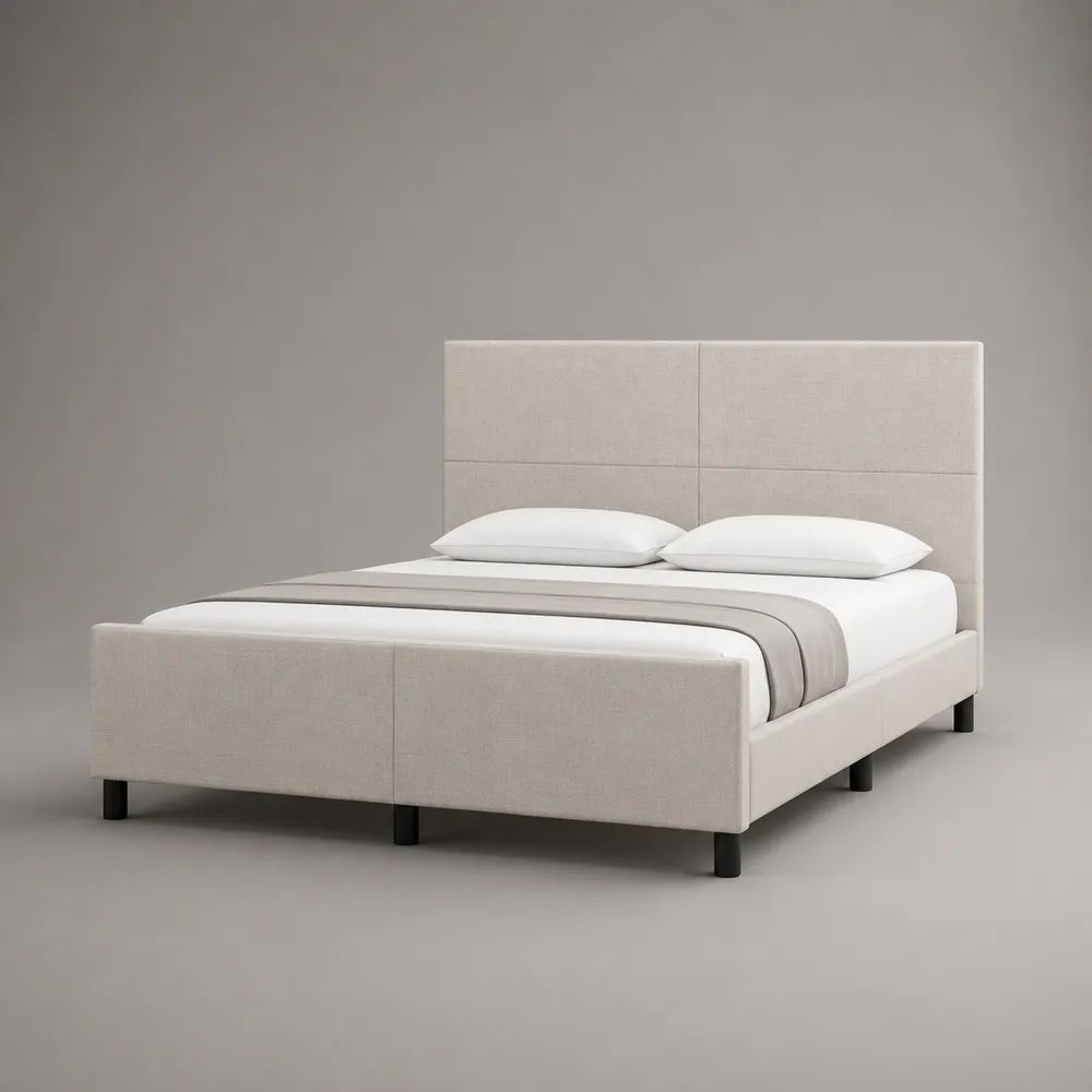 Lit double rembourré en tissu beige avec tête de lit et sommier à lattes, couchage 160 x 200 cm, dimensions 218 x 170 x 120 cm