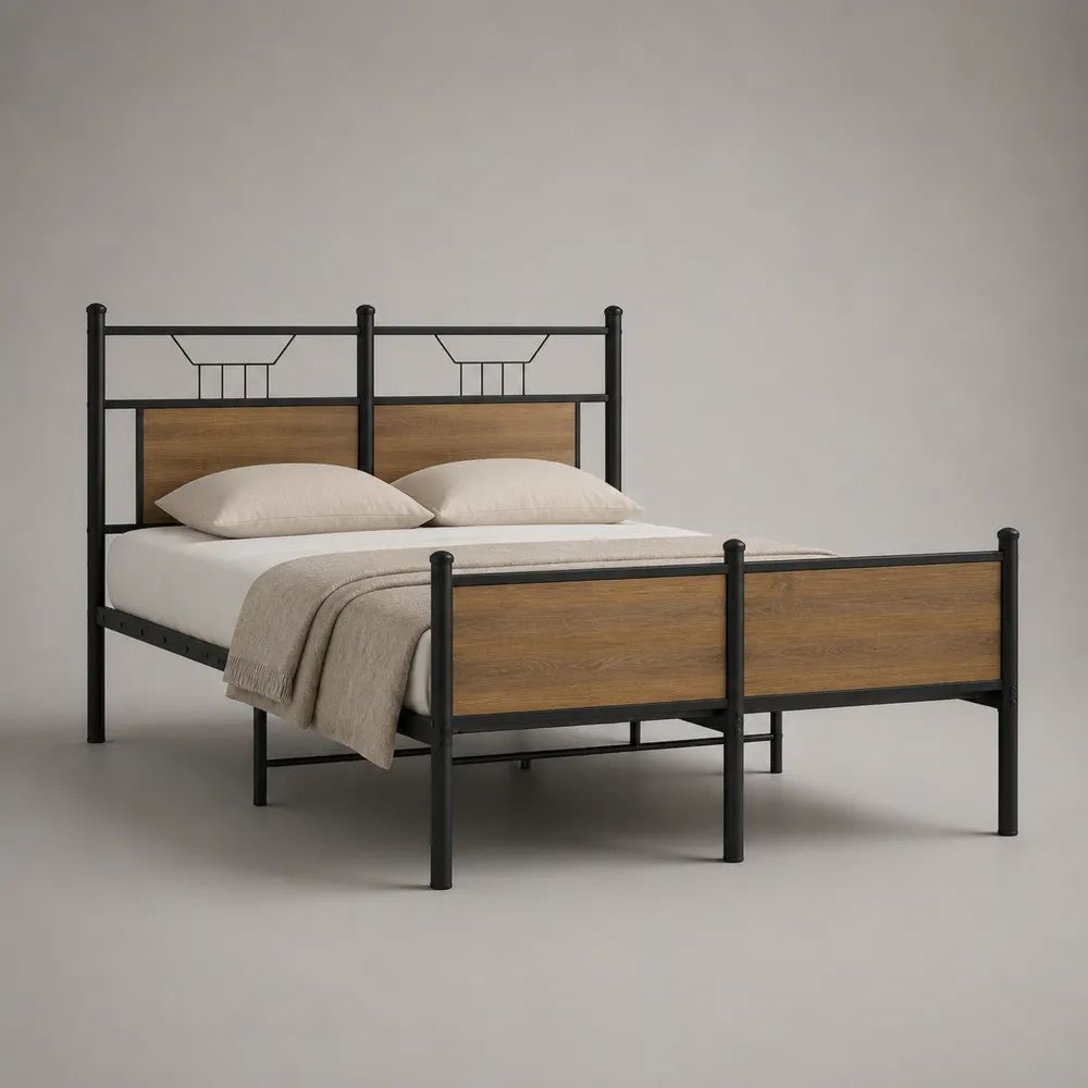 Lit double 140 x 190 cm en acier noir et panneaux MDF effet chêne, 198 x 146 x 120 cm