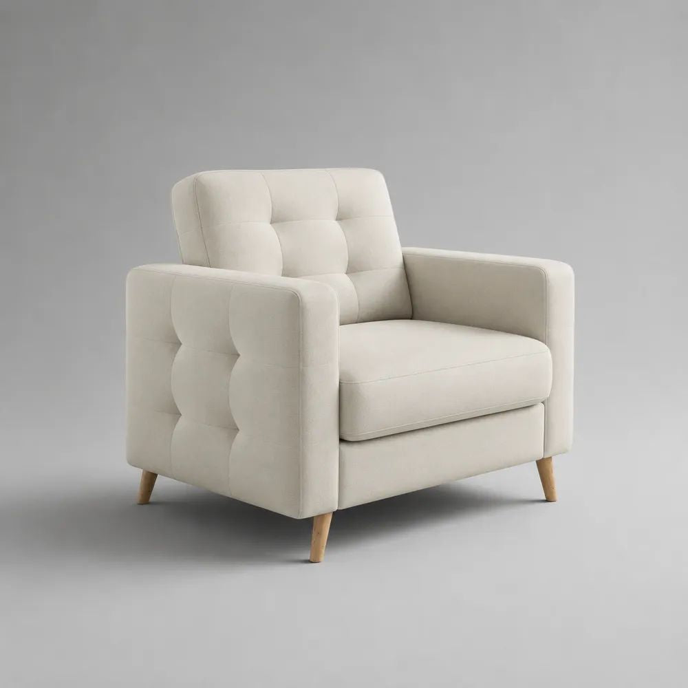 Fauteuil de salon 1 place en tissu écru capitonné avec pieds en bois, 94 × 88 × 92 cm