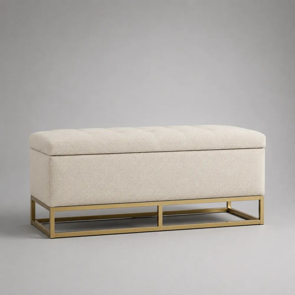 Banc coffre de rangement rectangulaire rembourré en tissu bouclé et acier, ivoire et doré, 110 x 40 x 50 cm