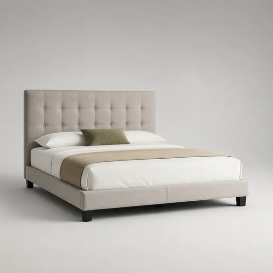Lit double 160 x 200 cm en tissu beige clair avec tête de lit capitonnée et cadre rembourré