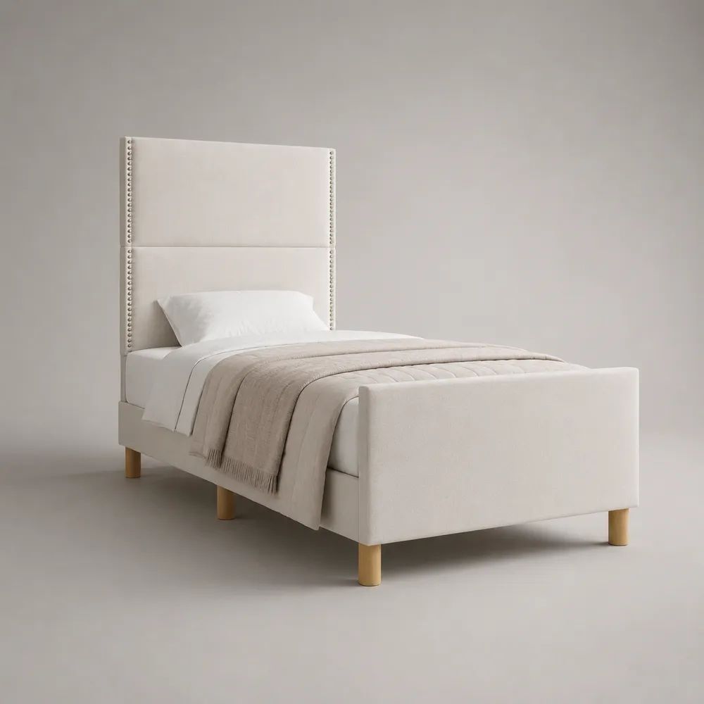 Cadre de lit simple rembourré en polyester blanc cassé avec tête de lit haute, couchage 90 x 200 cm, dimensions 102 x 212 x 160 cm