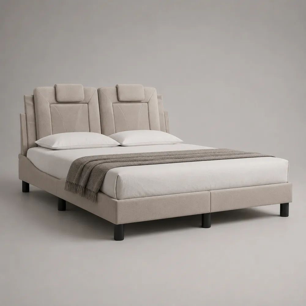 Lit double rembourré en tissu beige 160 x 200 cm avec tête de lit, appuis-tête et sommier à lattes