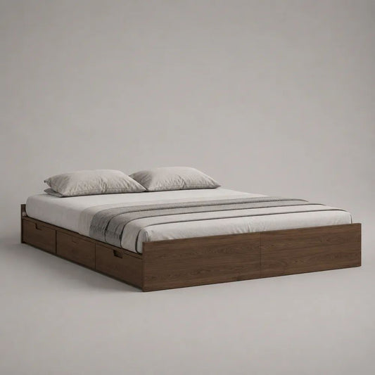 Lit double plateforme avec rangement, 160 × 200 cm, MDF plaqué, brun noyer, 4 tiroirs