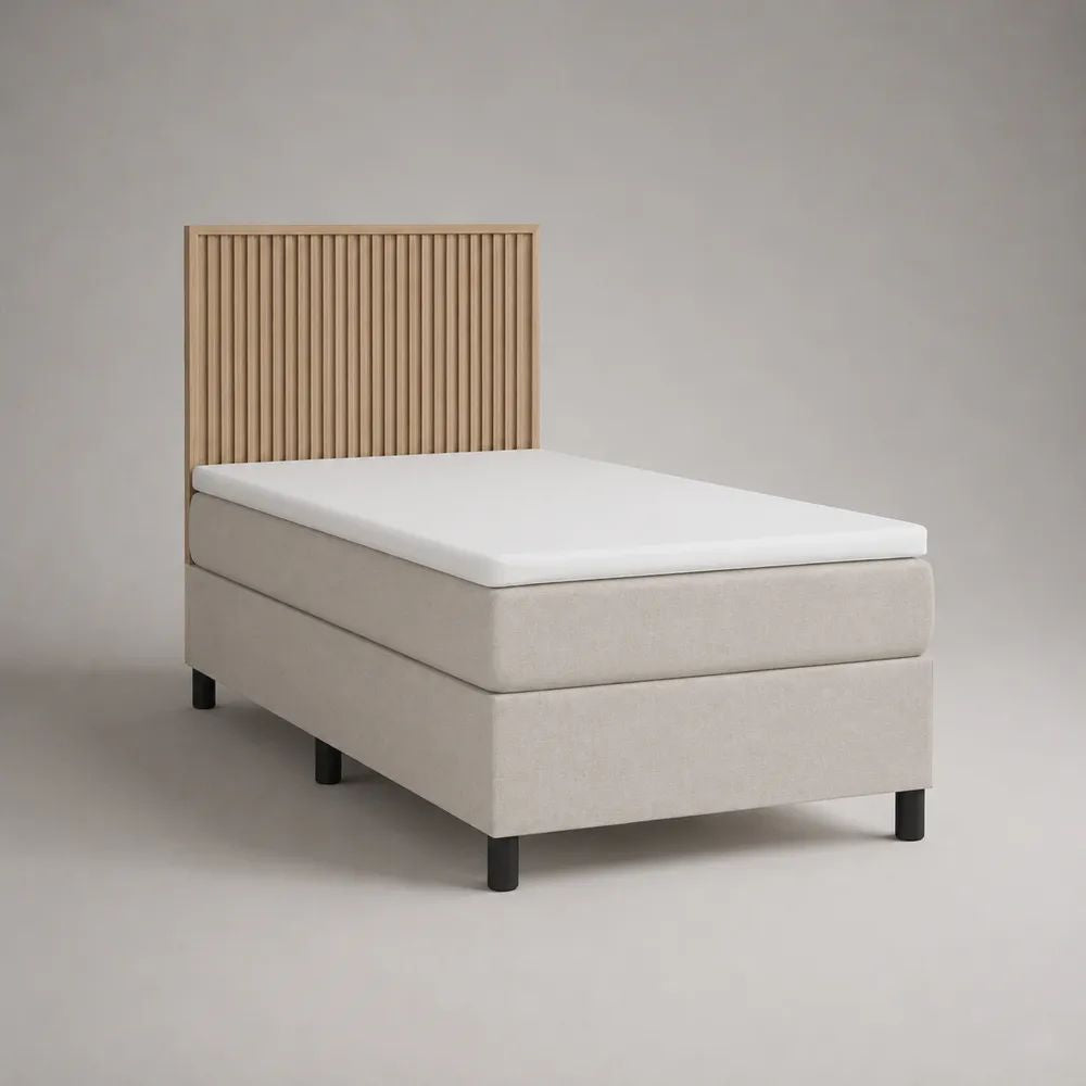 Lit simple complet 90 x 200 cm, dimensions hors tout 205 x 100 x 140 cm, base tapissée, matelas, surmatelas et tête de lit à lattes en bois, beige, chêne clair et noir