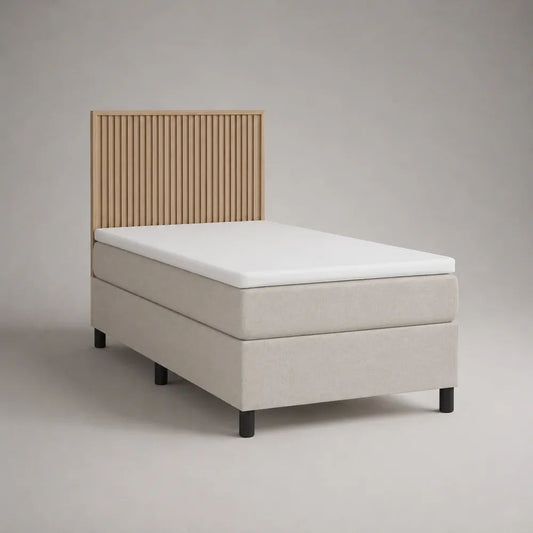 Lit simple complet 90 x 200 cm, dimensions hors tout 205 x 100 x 140 cm, base tapissée, matelas, surmatelas et tête de lit à lattes en bois, beige, chêne clair et noir