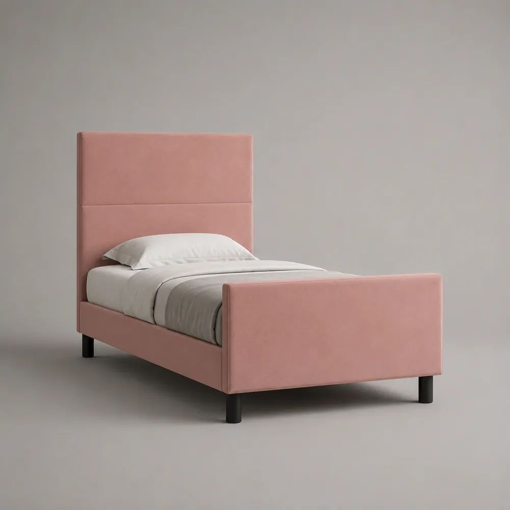 Lit simple rembourré en velours polyester rose, couchage 90 × 190 cm, dimensions 205 × 101 × 120 cm