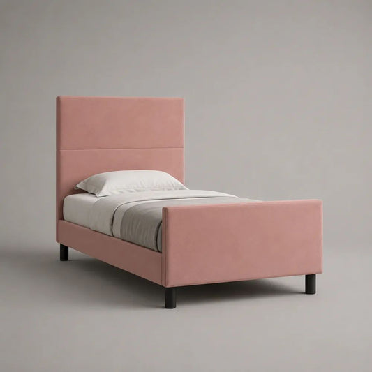 Lit simple rembourré en velours polyester rose, couchage 90 × 190 cm, dimensions 205 × 101 × 120 cm