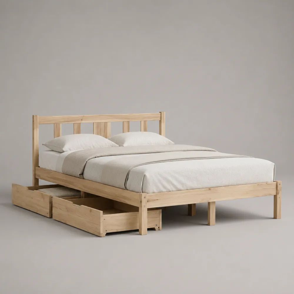 Lit double en bois naturel avec tête de lit, sommier à lattes et 2 tiroirs, couchage 140 × 190 cm, dimensions 198 × 148 × 100 cm