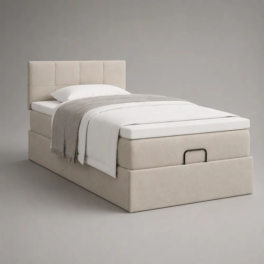Lit coffre 1 place en tissu beige avec matelas et tête de lit rembourrée, couchage 90 x 190 cm