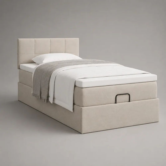Lit coffre 1 place en tissu beige avec matelas et tête de lit rembourrée, couchage 90 x 190 cm