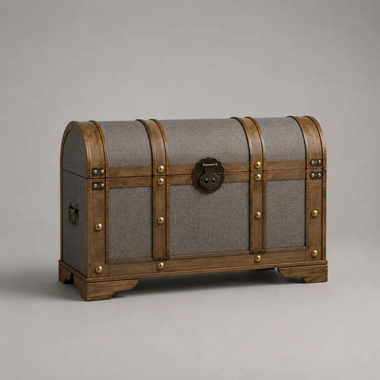 Coffre de rangement intérieur à couvercle bombé en bois massif et tissu gris et brun, 80 × 40 × 60 cm