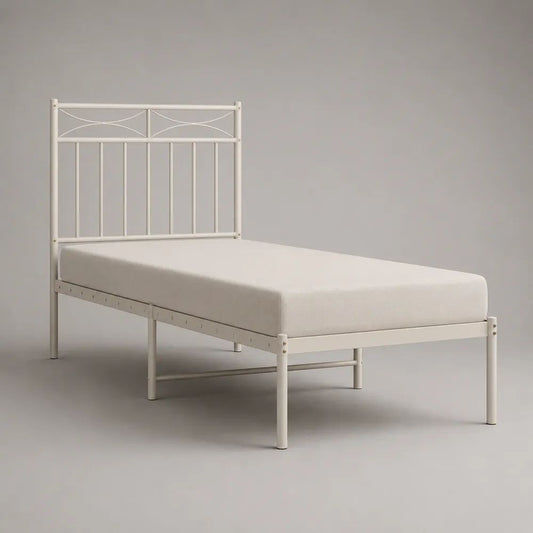 Lit double 140 x 190 cm en acier blanc avec tête de lit et sommier à lattes