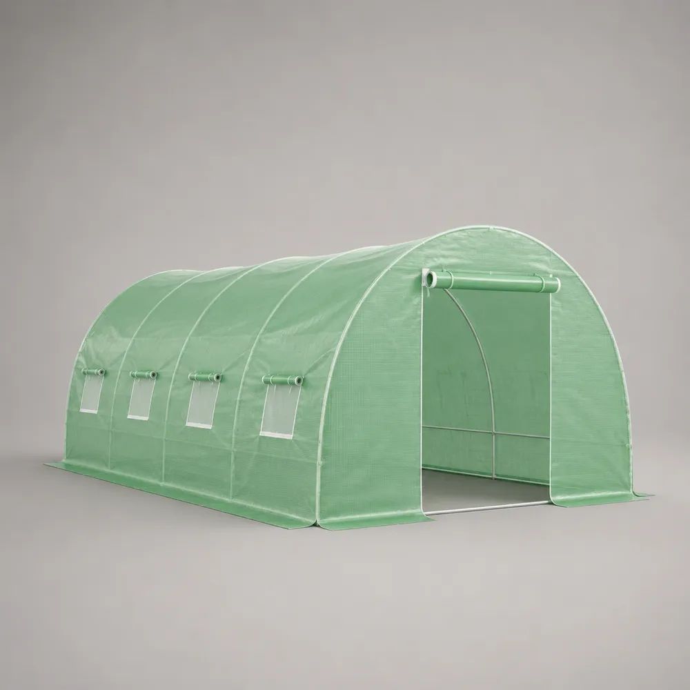 Serre tunnel de jardin 18 m² en polyéthylène renforcé et acier galvanisé, vert et gris argenté, 600 × 300 × 200 cm