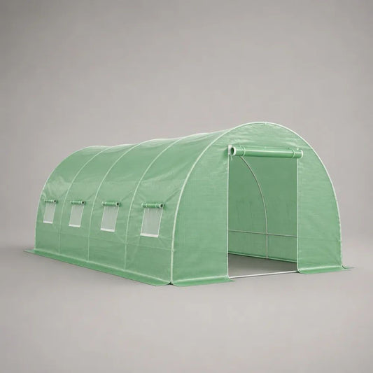 Serre tunnel de jardin 18 m² en polyéthylène renforcé et acier galvanisé, vert et gris argenté, 600 × 300 × 200 cm