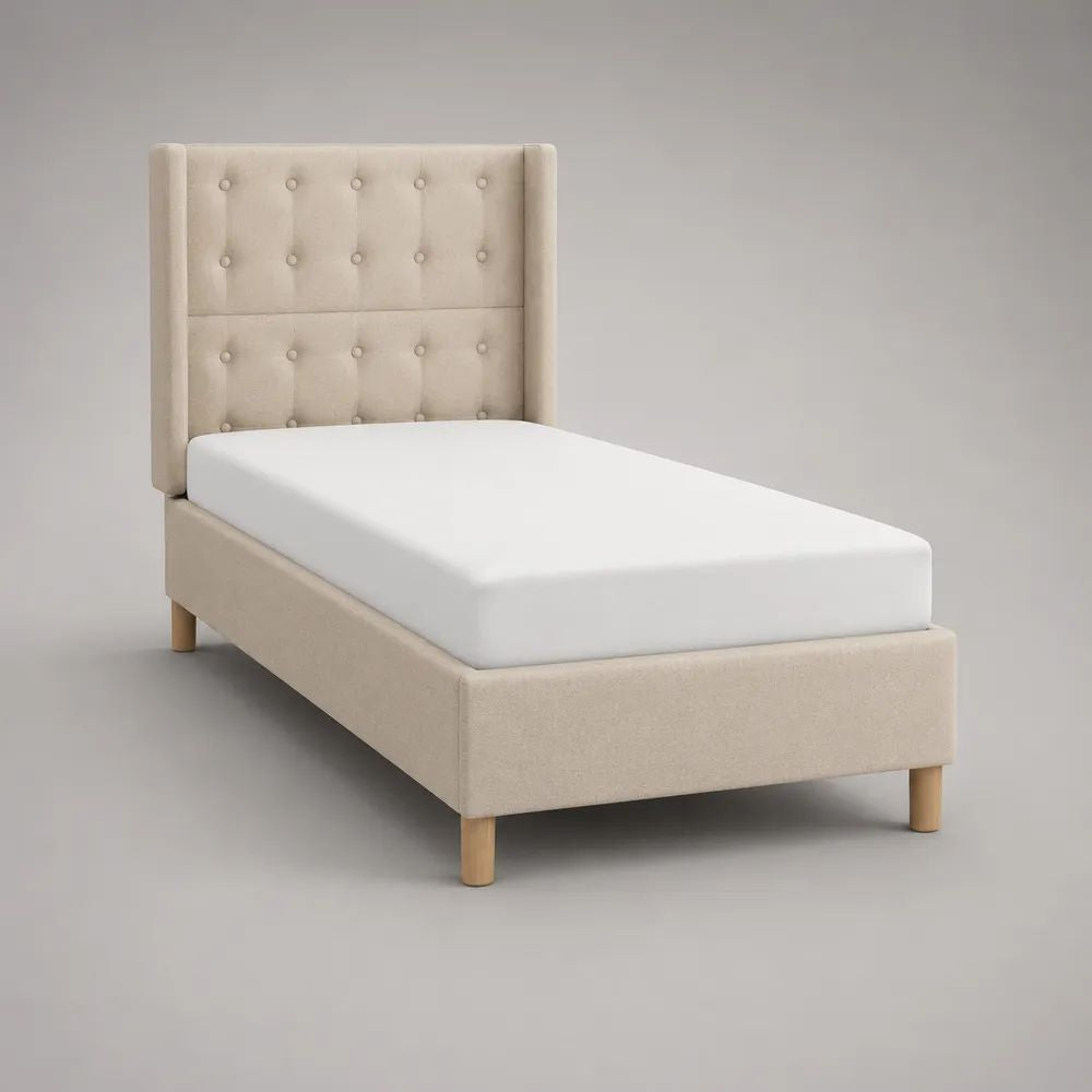 Lit simple beige 90 × 190 cm avec sommier à lattes, cadre rembourré en polyester et tête de lit capitonnée