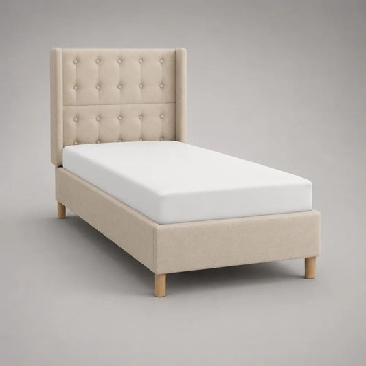 Lit simple beige 90 × 190 cm avec sommier à lattes, cadre rembourré en polyester et tête de lit capitonnée