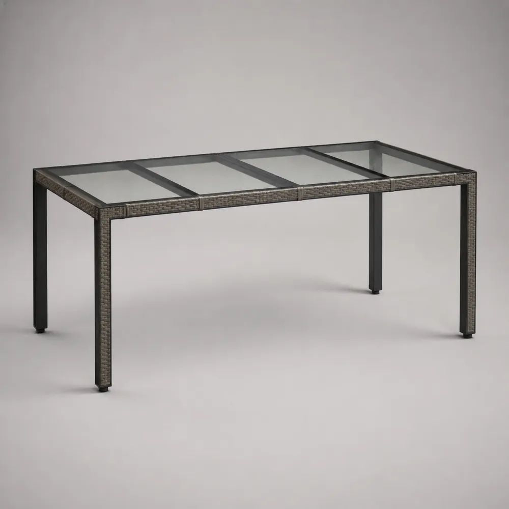 Table de jardin rectangulaire 190 × 90 × 74 cm en verre trempé, acier thermolaqué et résine tressée, marron, noir et transparent