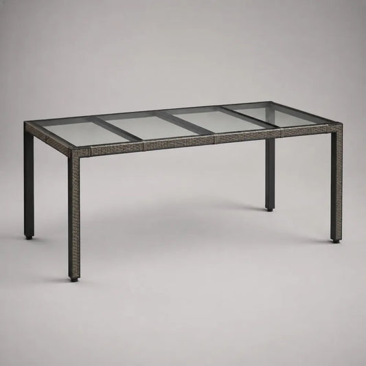 Table de jardin rectangulaire 190 × 90 × 74 cm en verre trempé, acier thermolaqué et résine tressée, marron, noir et transparent