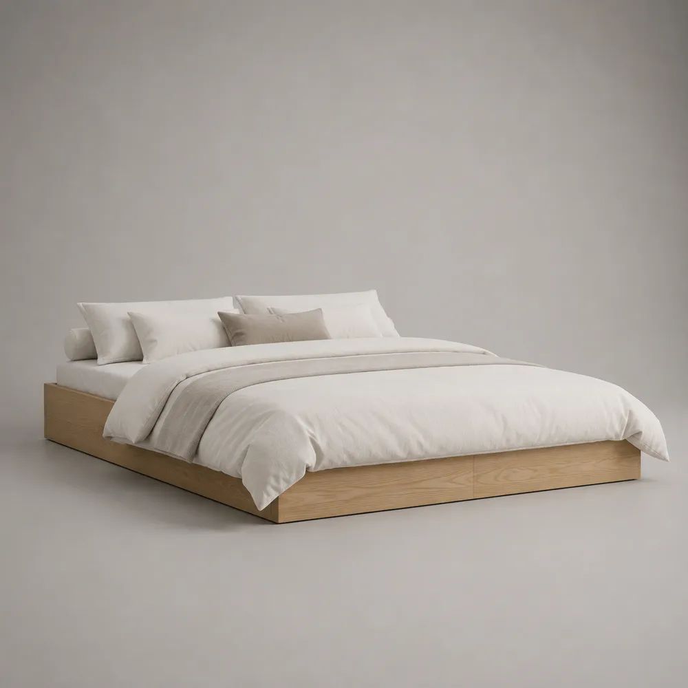Cadre de lit double plateforme sans tête de lit en bois et métal, chêne naturel et noir, couchage 160 × 200 cm, dimensions 208 × 168 × 31 cm