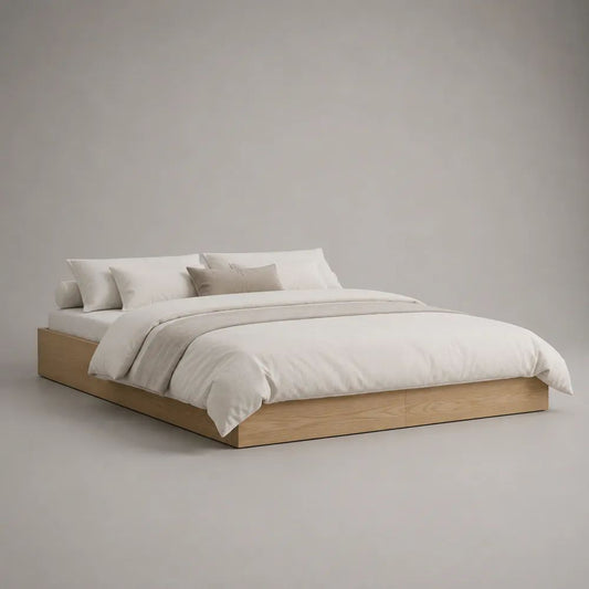 Cadre de lit double plateforme sans tête de lit en bois et métal, chêne naturel et noir, couchage 160 × 200 cm, dimensions 208 × 168 × 31 cm