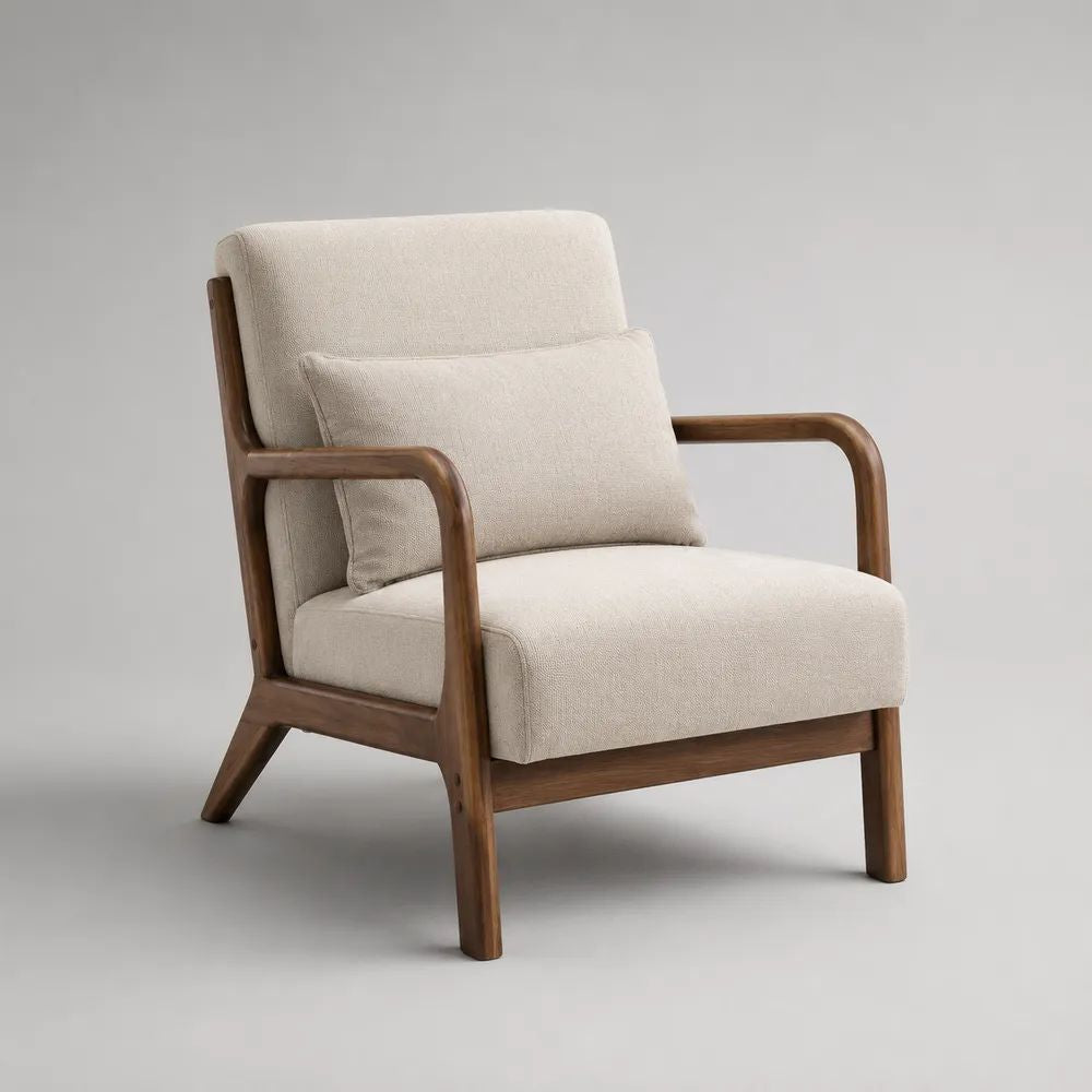 Fauteuil 1 place en tissu bouclé et bois massif, crème et brun noyer, 75 × 82 × 87 cm