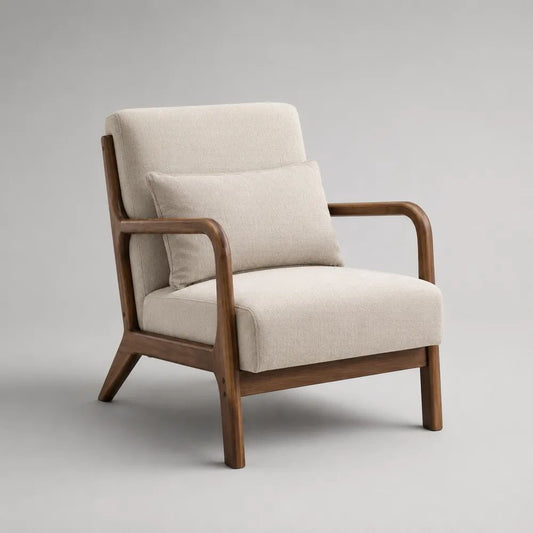 Fauteuil 1 place en tissu bouclé et bois massif, crème et brun noyer, 75 × 82 × 87 cm