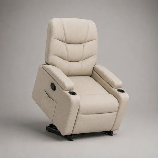 Fauteuil relax inclinable manuel 1 place en tissu beige et métal noir avec repose-pieds, 2 porte-gobelets et poche latérale, 98 × 94 × 105 cm