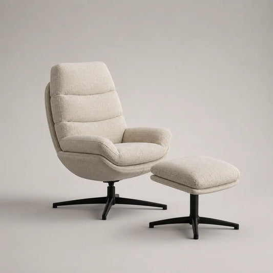Fauteuil pivotant avec repose-pieds, ensemble 2 pièces en tissu bouclé beige et métal noir, fauteuil 78 × 85 × 103 cm