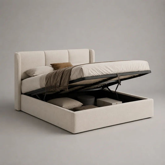 Lit coffre 160 × 200 cm beige et noir avec sommier relevable et tête de lit rembourrée en polyester