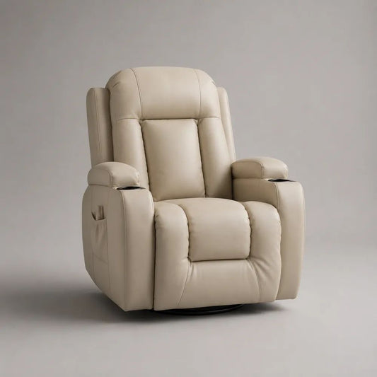 Fauteuil relax inclinable et pivotant en cuir PU beige avec repose-pieds et 2 porte-gobelets, 96 × 94 × 108 cm