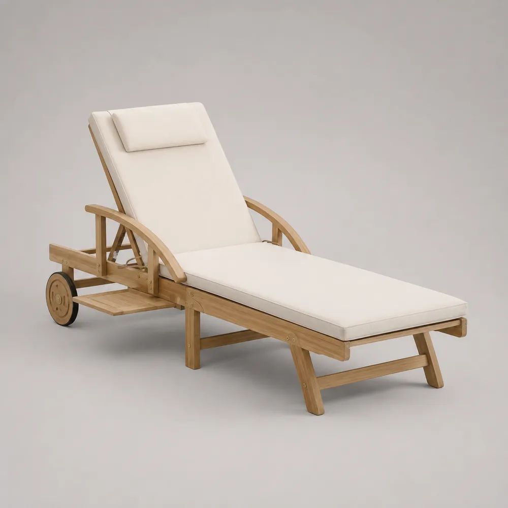 Bain de soleil inclinable en bois avec matelas écru, oreiller, tablette latérale et roues, 200 x 67 x 85 cm