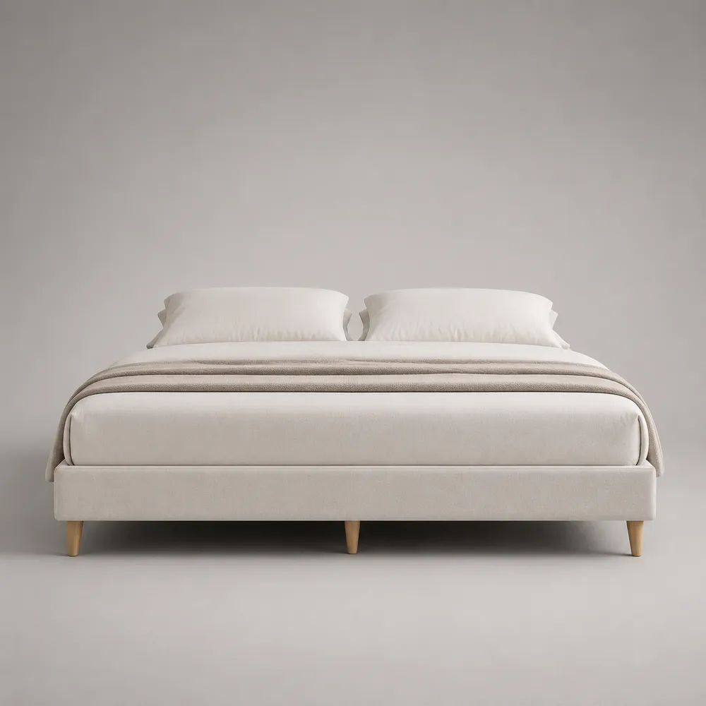 Cadre de lit double rembourré beige sans tête de lit en tissu polyester, couchage 160 × 200 cm, dimensions 208 × 168 × 35 cm