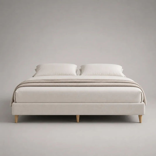 Cadre de lit double rembourré beige sans tête de lit en tissu polyester, couchage 160 × 200 cm, dimensions 208 × 168 × 35 cm