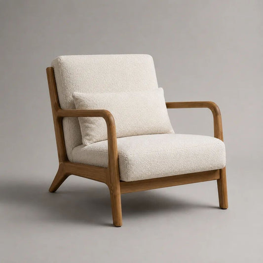 Fauteuil de salon 1 place avec accoudoirs en bois et tissu bouclé blanc cassé, 75 × 82 × 84 cm